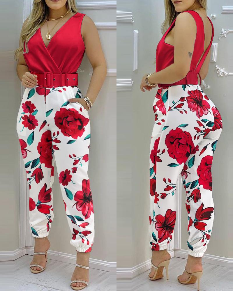 

Floral Print Pocket Detail V-Back Wrap Jumpsuit, Red