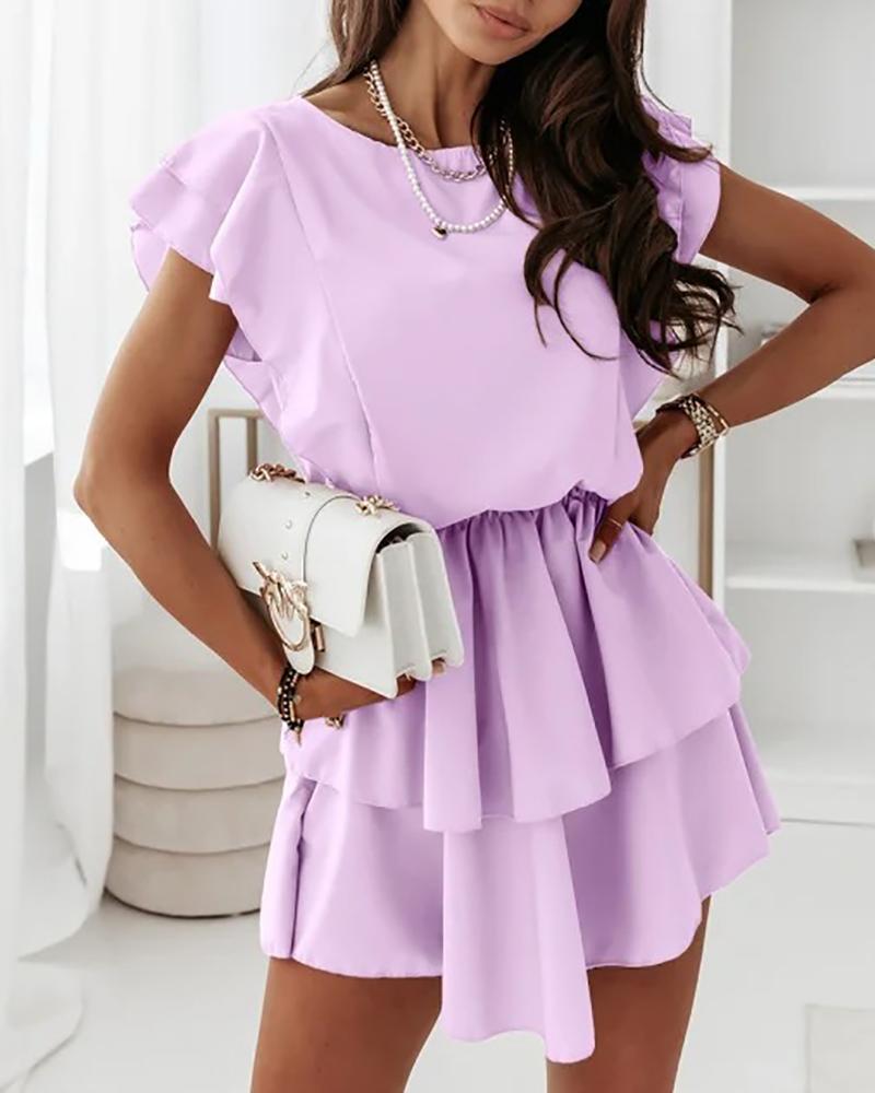 

Layered Ruffles Short Sleeve Casual Dress, Purple
