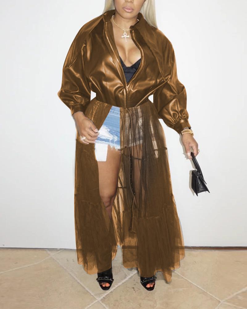 

Zip Up Contrast Mesh PU Leather Longline Coat, Coffee