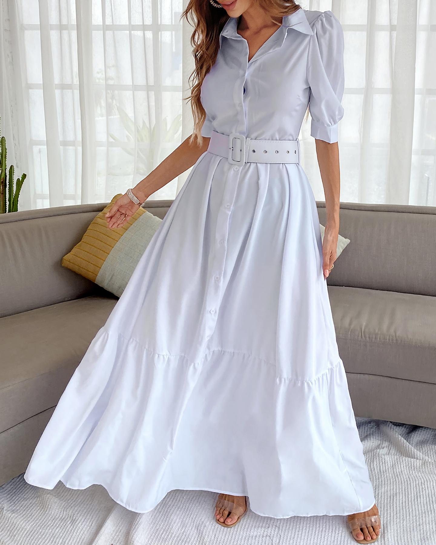 

Women Elegant Plain Puff Sleeve Buttoned Shirt Dress Casual Maxi Dress Vacation Dress, White