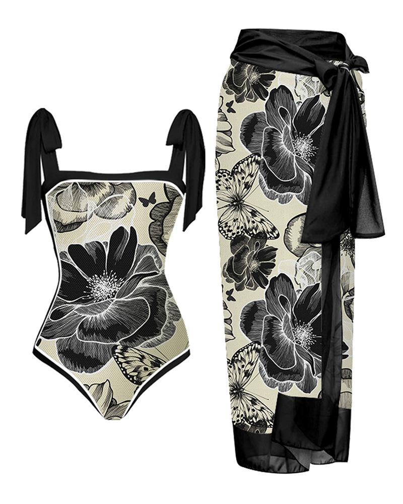 

Floral Butterfly Print Tied Detail One Piece Swimsuit With Cover Up Skirt, Black