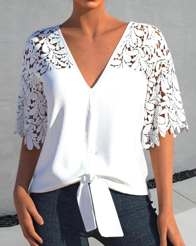 

Guipure Lace Patch Tied Detail V-Neck Top, White
