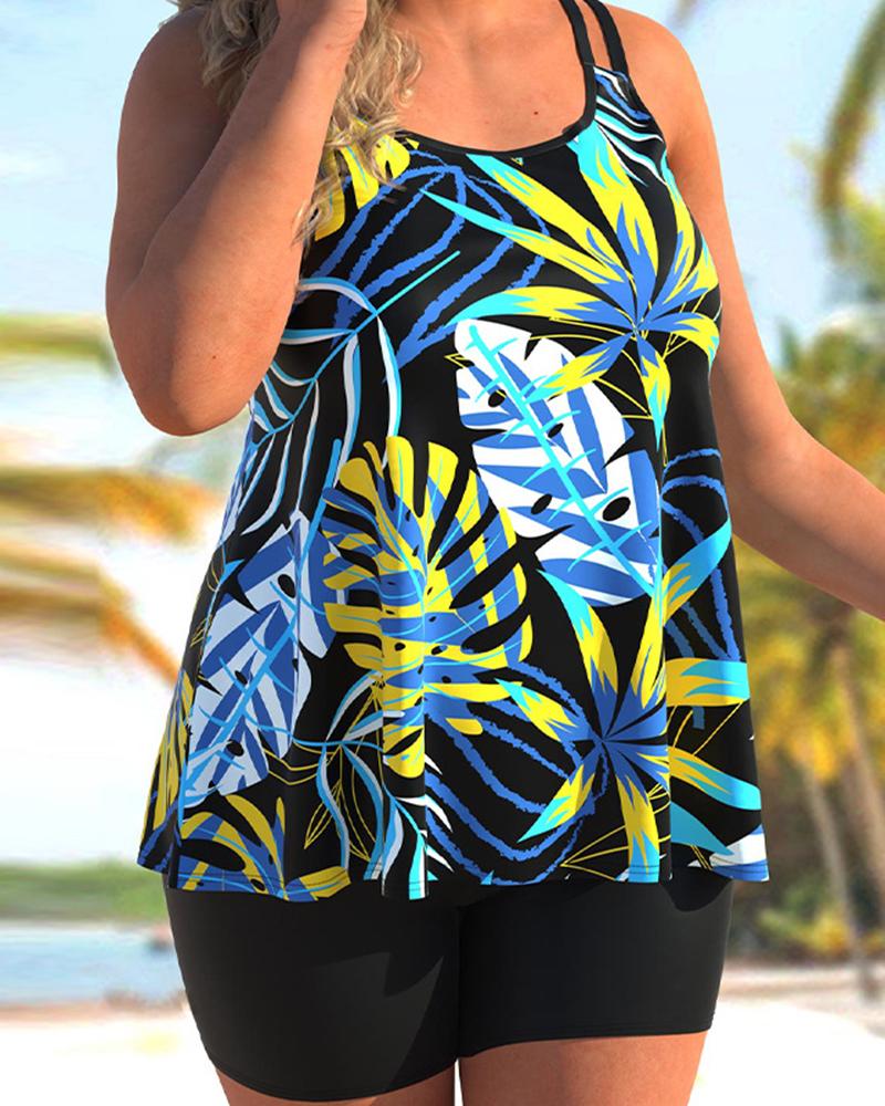 

Tropical Print U-Neck Tankini Set, Blue