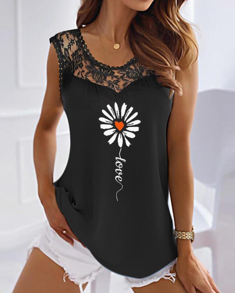 

Floral Letter Print Contrast Lace Casual Tank Top, Black
