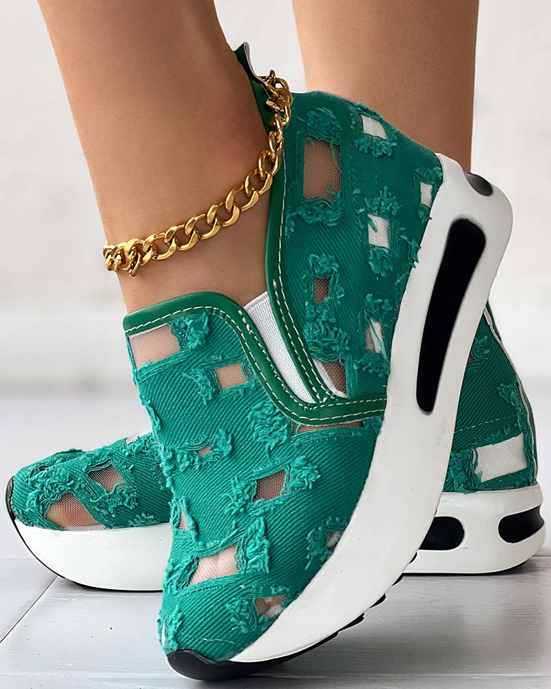 

Mesh Patch Denim Raw Hem Muffin Sneakers, Green
