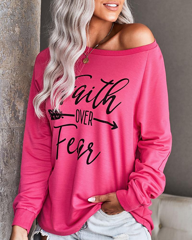 

Letter Print Long Sleeve Casual Top, Pink