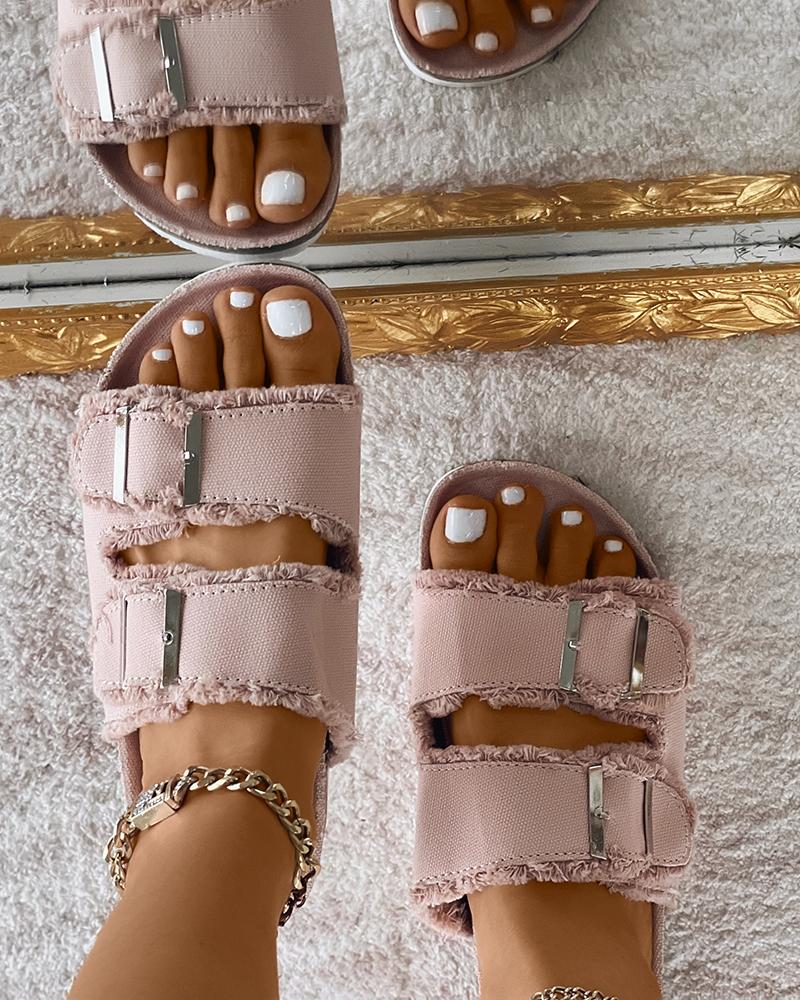 

Fringe Hem Double Buckled Slide Slipper, Pink