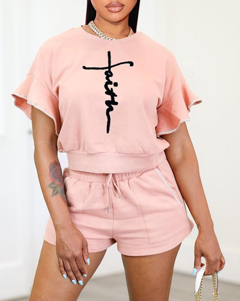 

Letter Print Top & Drawstring Shorts Set, Pink