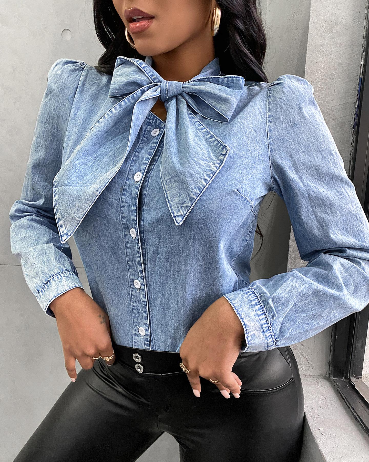 

Tie Neck Puff Sleeve Denim Blouse, Lighted blue