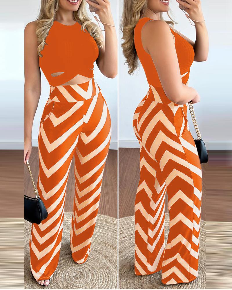 

Crisscross Crop Tank Top & Geo Print High Waist Pants Set, Orange