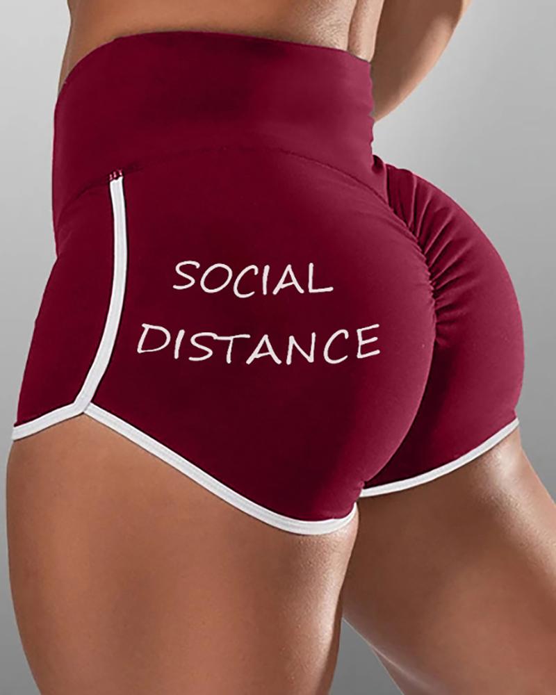 

Letter Print High Waist Active Shorts, Wine red