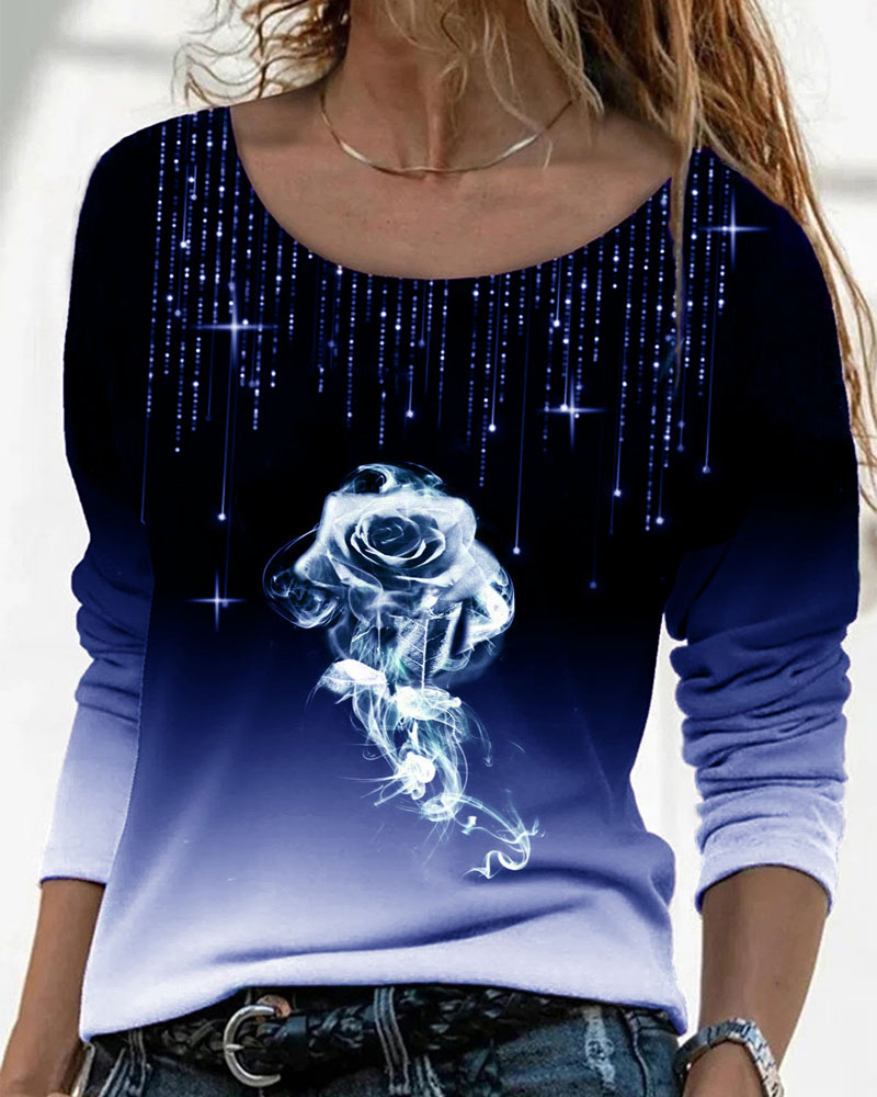 

Ombre Floral Print Long Sleeve Top Long Sleeve O Neck Casual Daily Shirt, Blue
