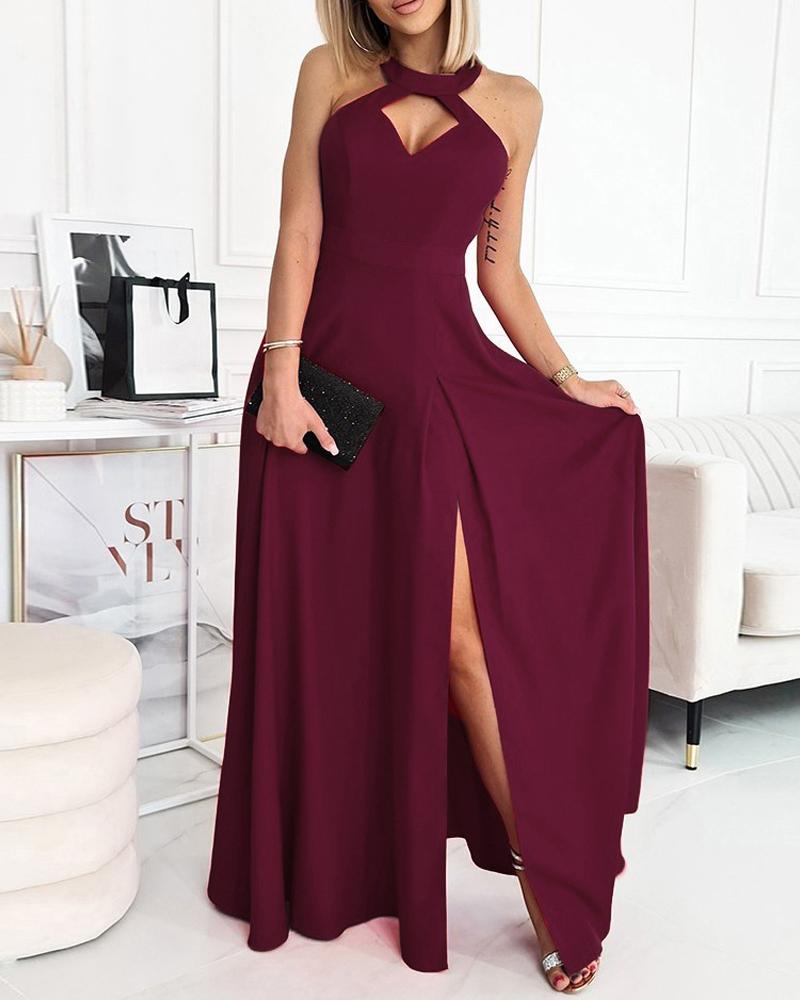 

Cutout Halter High Slit Evening Dress, Wine red