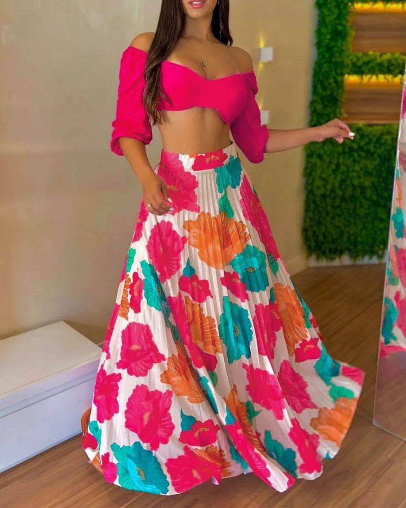 

Off Shoulder Crop Top & Floral Print Pleated Skirt Set, Multicolor