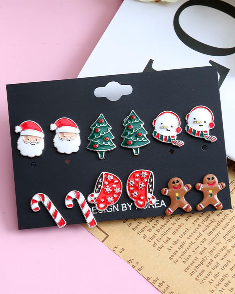 

6Pair Christmas Tree Santa Snowflake Candy Cane Snowman Shaped Earrings Set, Red