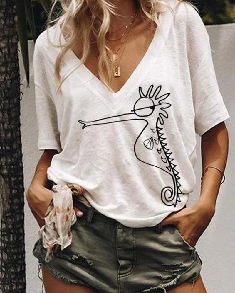 

V-neck printed casual short sleeve women's top, White
