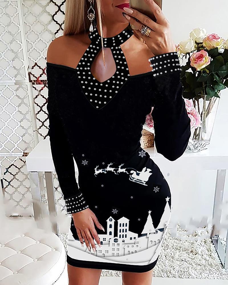 

Halter Studded Christmas Mixed Print Bodycon Dress, Black
