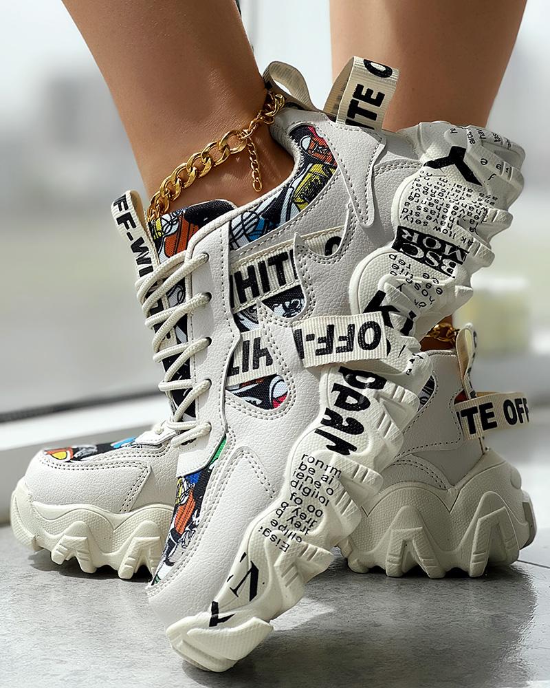 

Cartoon Letter Print Fashionable Platform Sneakers, Beige