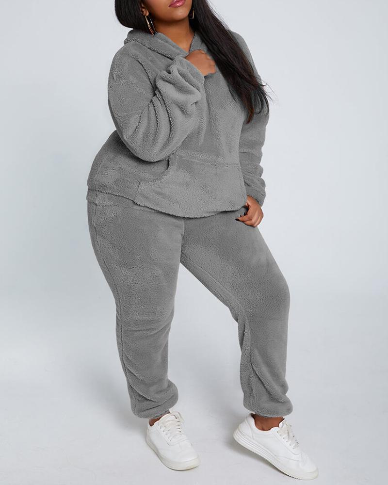 

Pocket Design Hooded Fluffy Coat & High Waist Pants Set, Gray