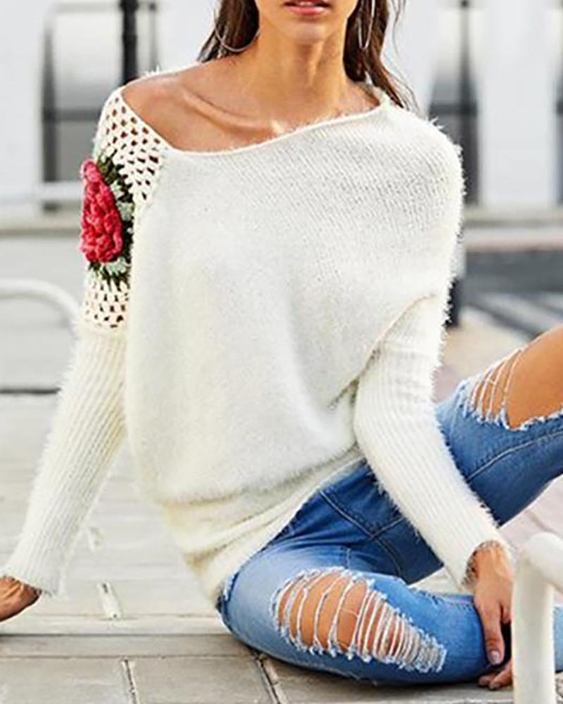 

Floral Pattern Hollow Out Sweater, White