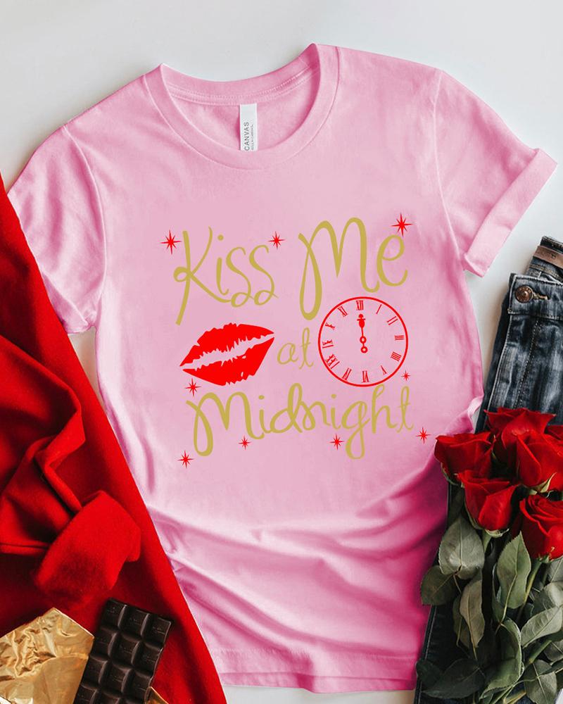

Valentine' Day Lip Letter Print Short Sleeve Top, Pink