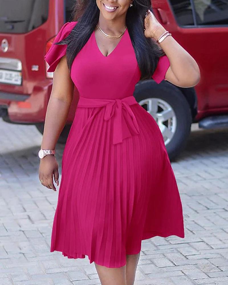 

Short Sleeve Pleated V-Neck Work Dress, Hot pink