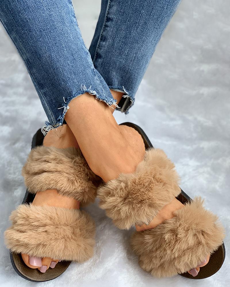 

Fluffy Design Open Toe Flat Shoes, Brown