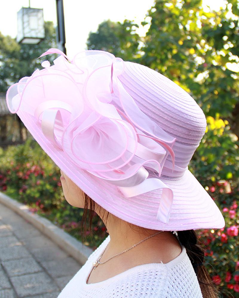 

Kentucky Derby Bowler Church Cloche Fascinator Hat Feather Bowknot Organza Church Dress Cap, Pink