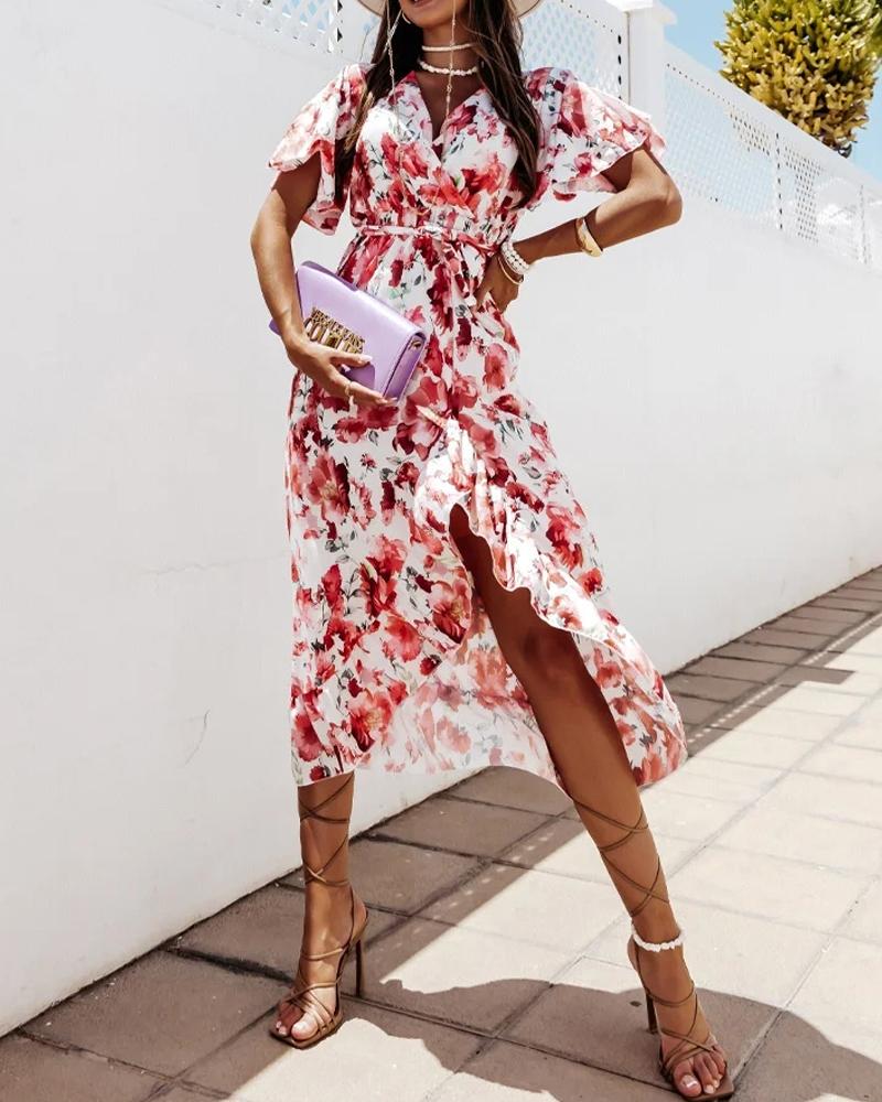

Floral Print Ruffle Hem Belted Wrap Dress, Red