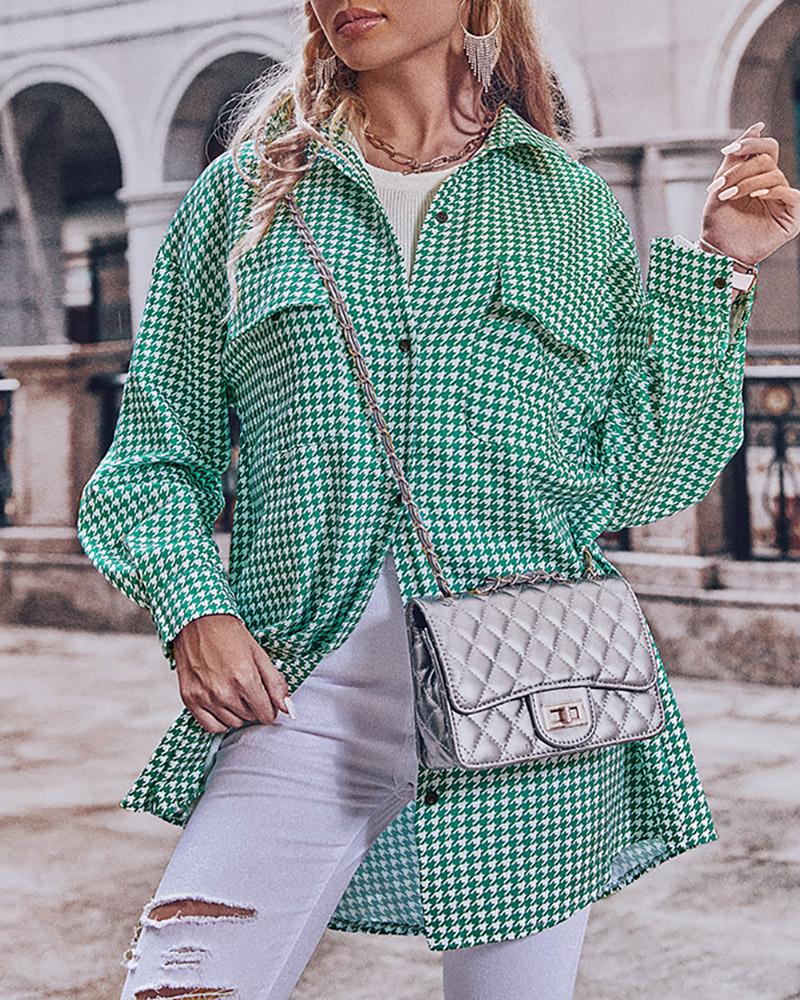 

Houndstooth Print Pocket Design Button Front Shacket, Green