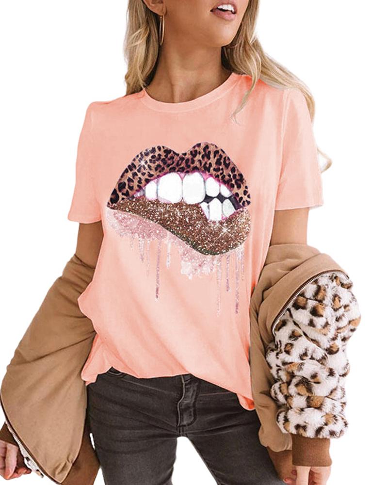 

Women' Graphic Tee Leopard Lip Print Casual T-shirt, Pink