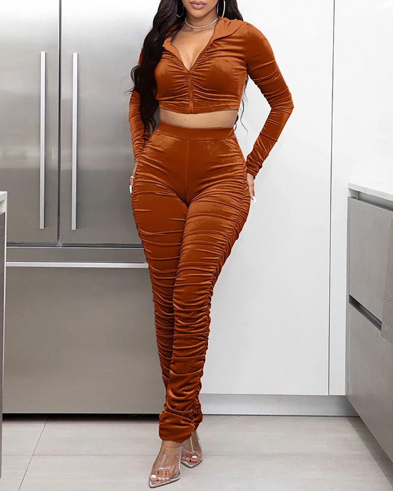 

Velvet Ruched Hooded Top & High Waist Pants Set, Brown