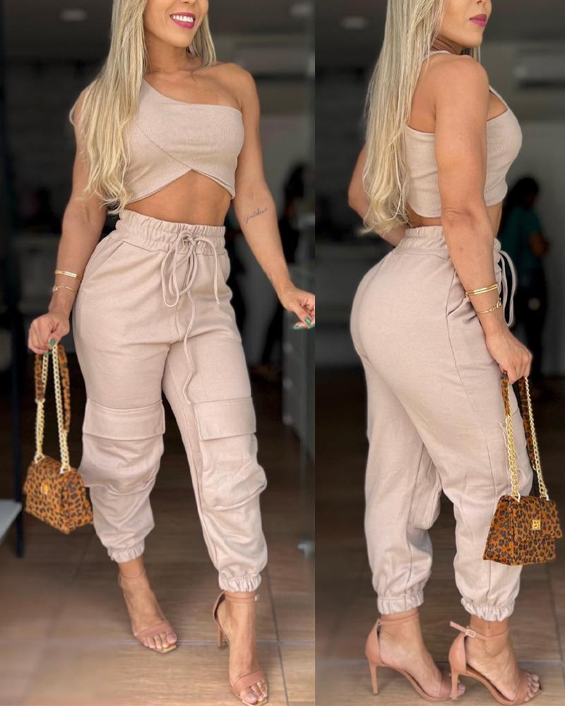 

One Shoulder Crop Top & Drawstring Cargo Pants Set, Apricot