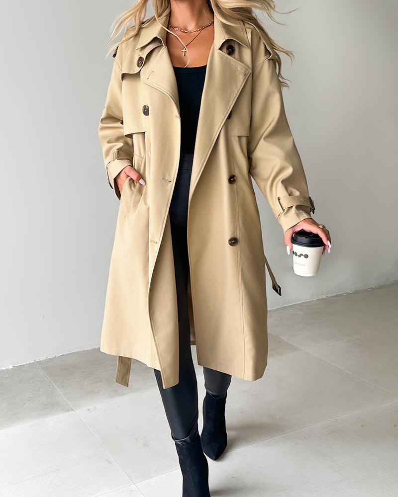 

Notched Collar Double Breasted Longline Trench Coat, Khaki