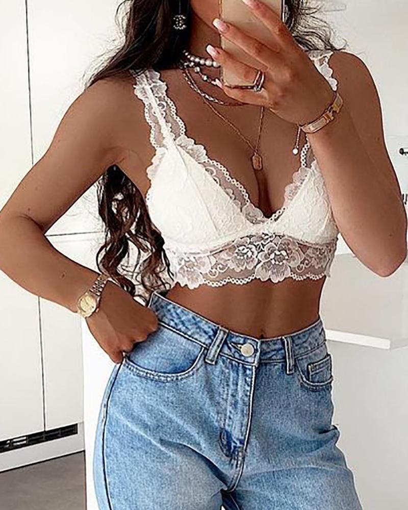 

V Neck Crochet Lace Bralette Top, White