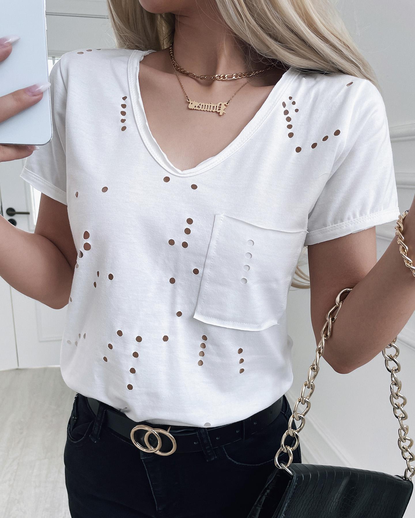 

Cutout Pocket Design V-Neck Casual T-Shirt, White
