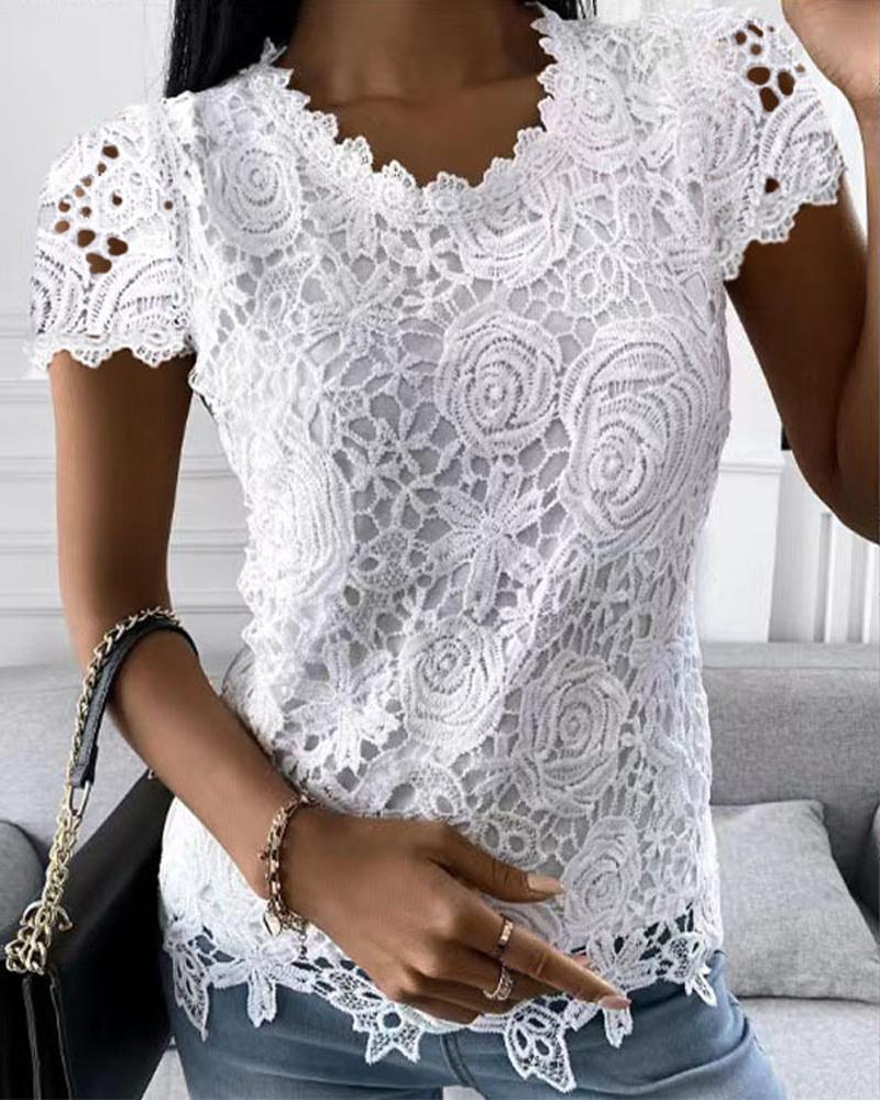

Short Sleeve Embroidery Lace Top, White