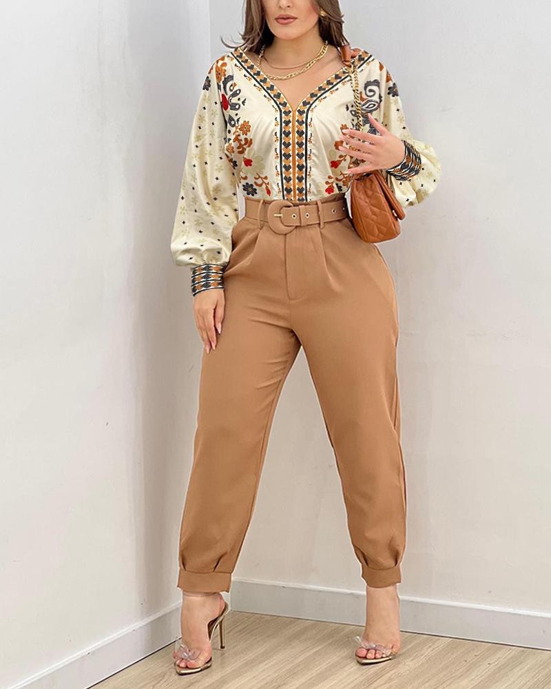 

Ensemble haut et pantalon à manches lanternes et imprimé tribal floral, Khaki