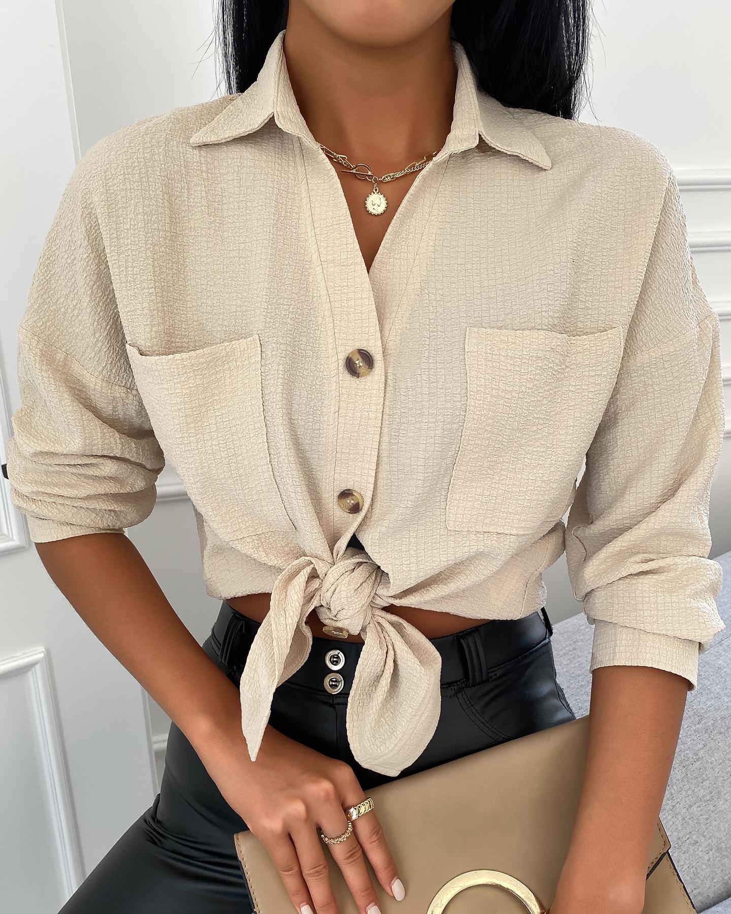 

Button Pocket Design Long Sleeve Shirt, Apricot