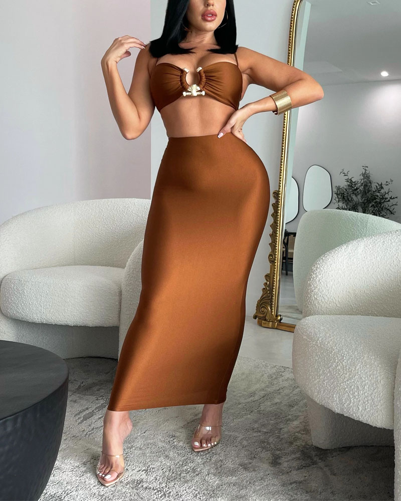 

Satin Ruched Bust Crop Top & Skirt Set, Brown