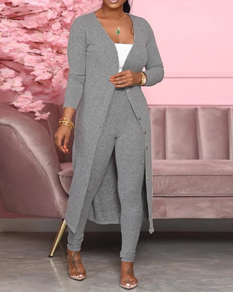 

Solid Longline Cardigan & High Waist Pants Set, Gray