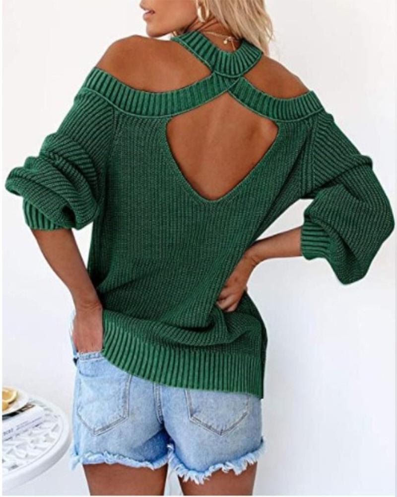 

Cold Shoulder Open Back Chunky Knit Sweater, Green