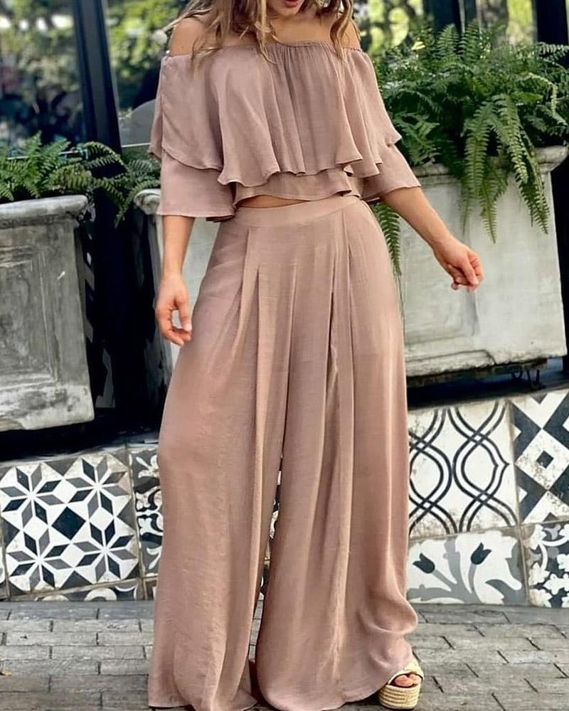 

Off Shoulder Ruffles Top & Wide Leg Pants Set, Brown