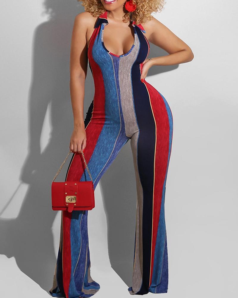 

Colorblock Sleeveless Halter Backless Bootcut Jumpsuit, Red