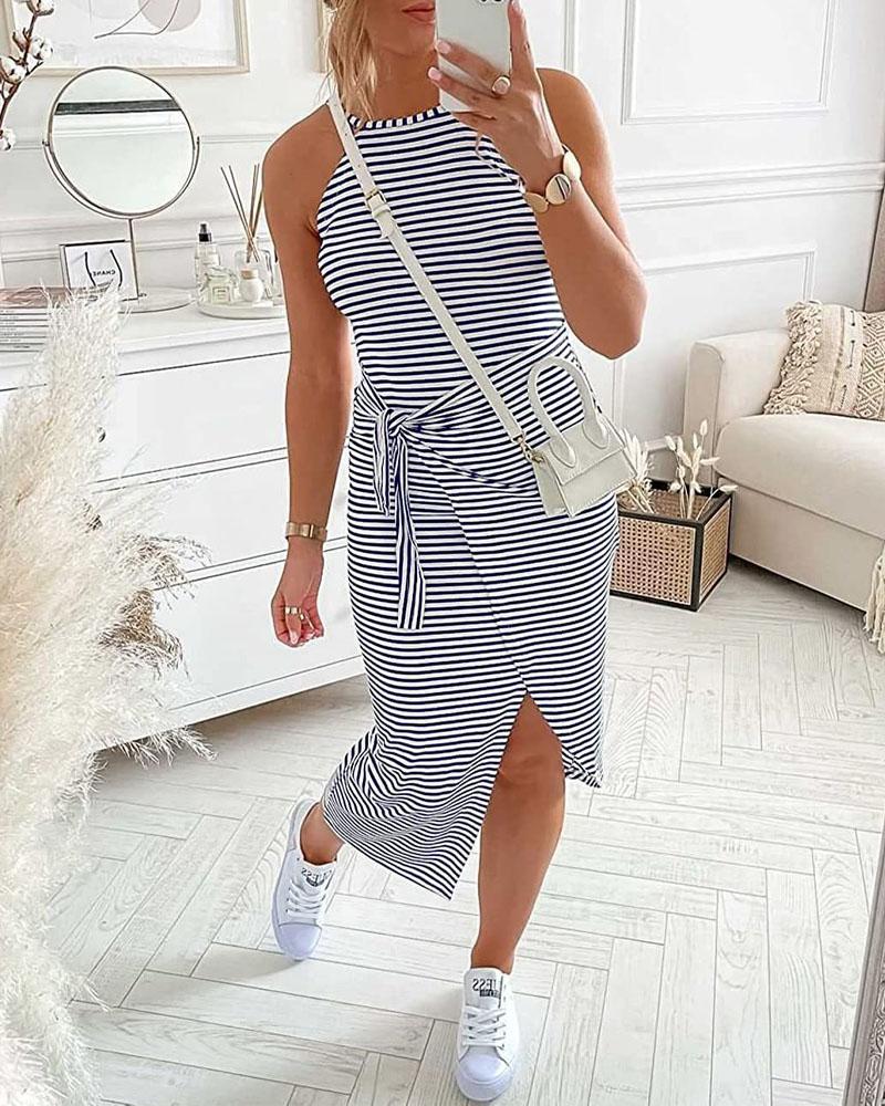 

Striped Print Tied Detail Sleeveless Casual Dress, Purplish blue