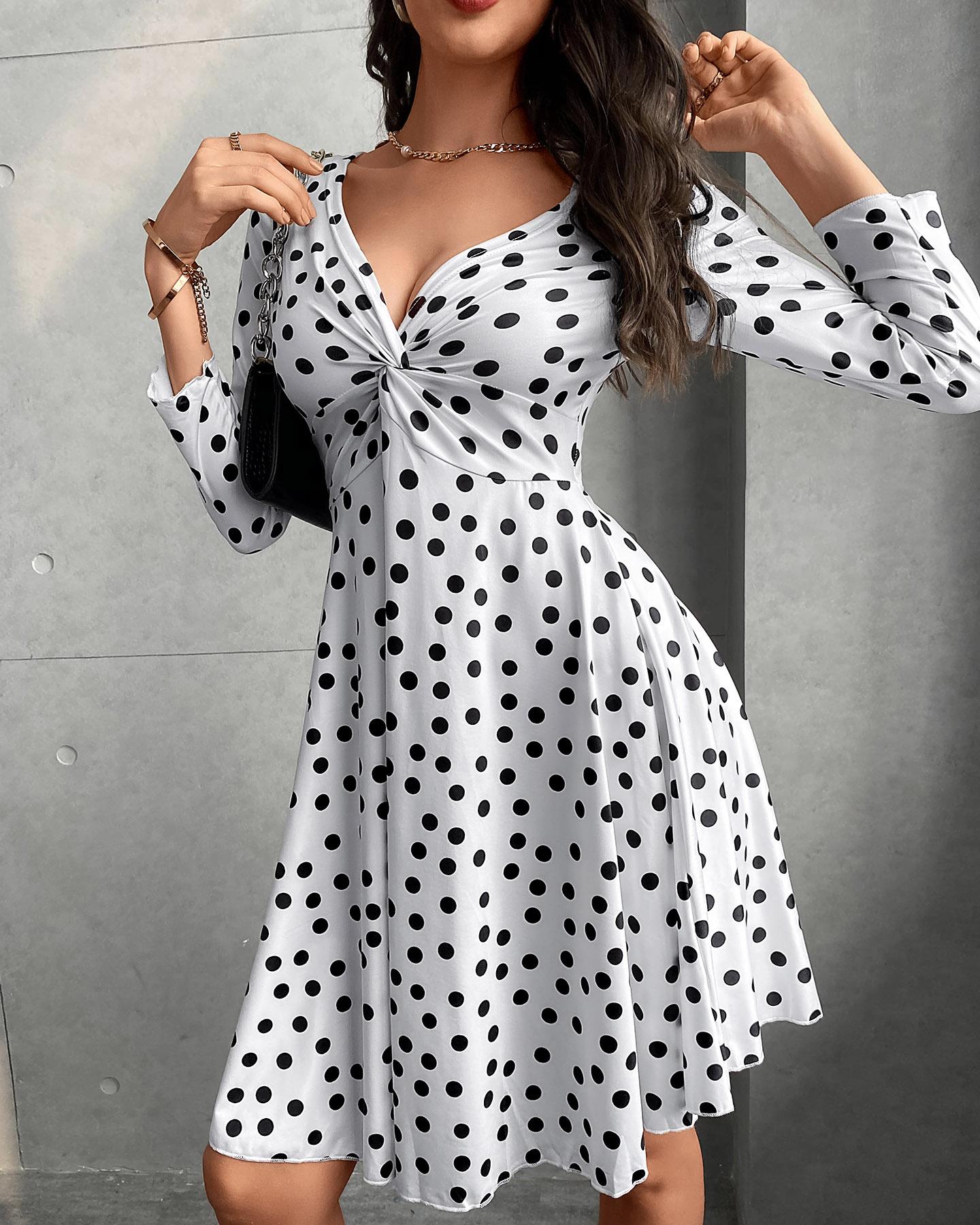 

Polkadot Print Twisted Casual Dress, White