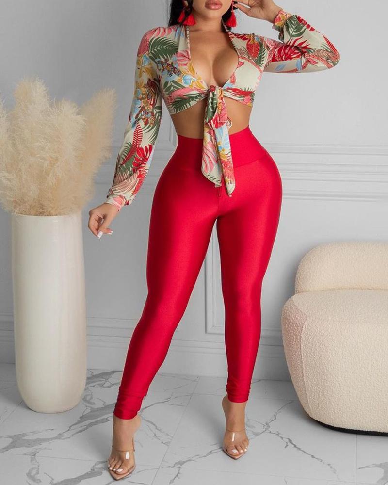 

Tropical Print Knotted Crop Top & High Waisted Plain Pants Set, Red