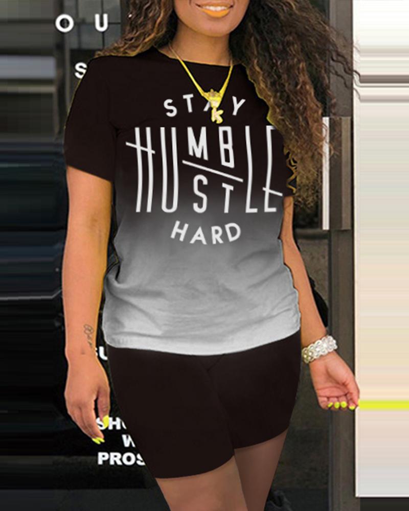 

Colorblock Letter Print Short Sleeve T-shirt & Shorts Set, Black