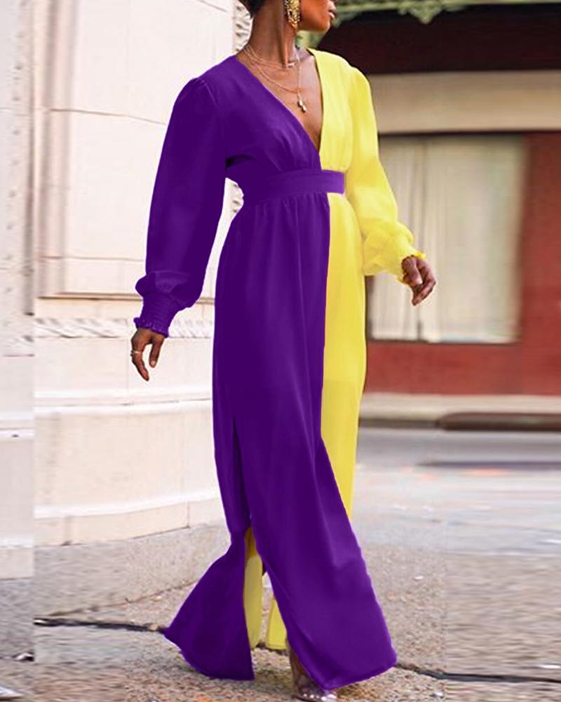 

Colorblock Lantern Sleeve Maxi Dress, Purple