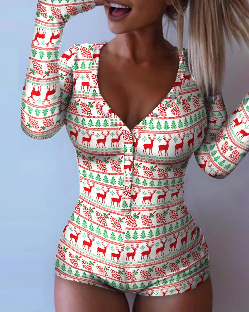 

Christmas Tree Elk Print Button Front Adult Onesie, Multicolor